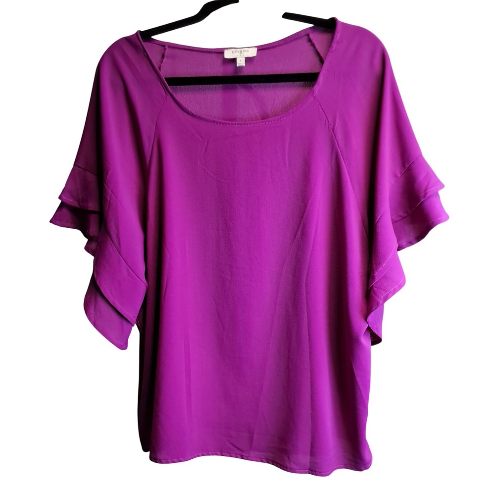 Umgee Magenta Purple Tiered Ruffle Sleeve Chiffon Blouse OVERSIZED Womens Small